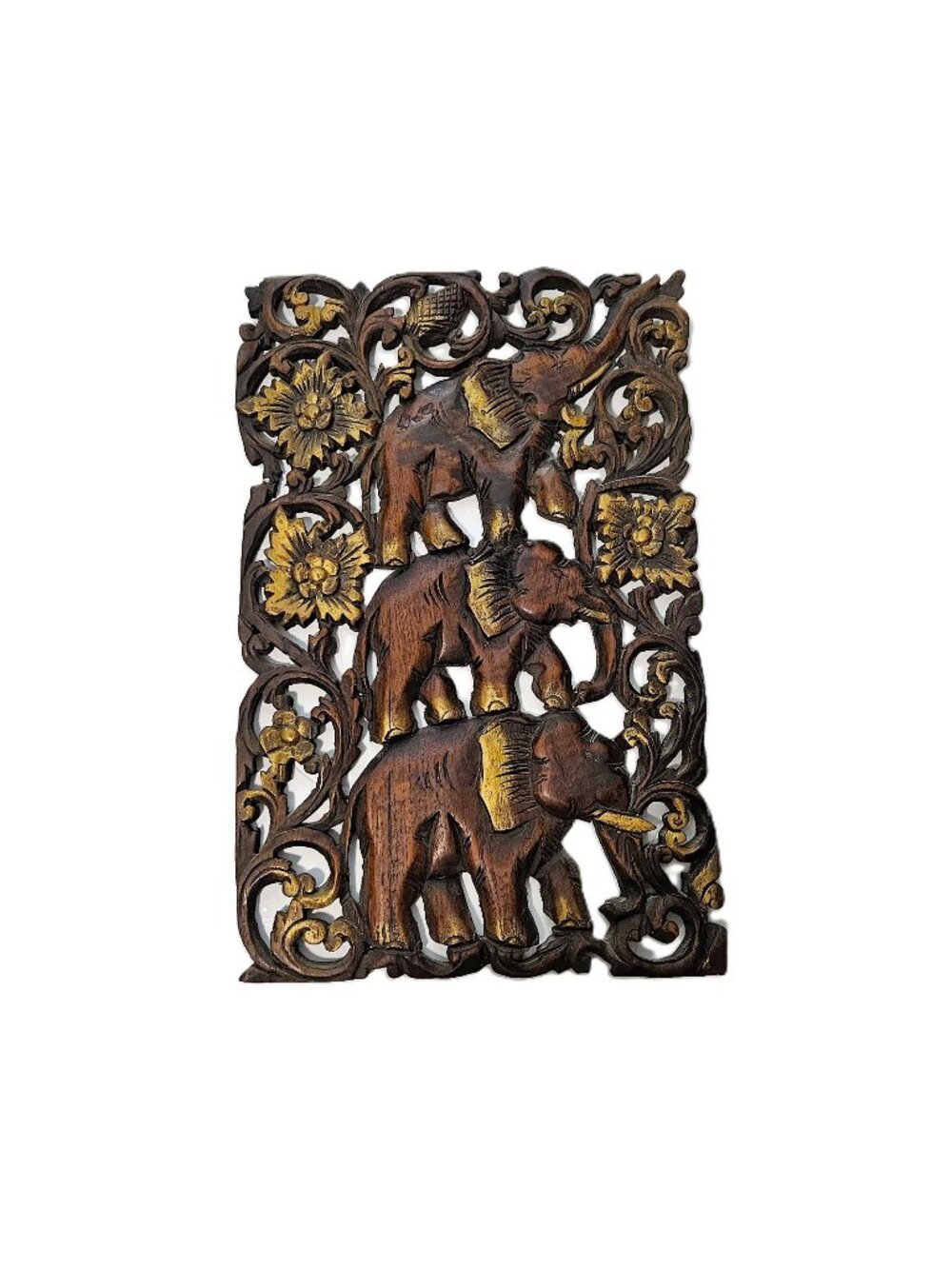 Hand-Carved Vintage Teak Wood Relief Elephant Wall Art – 18  x 12
